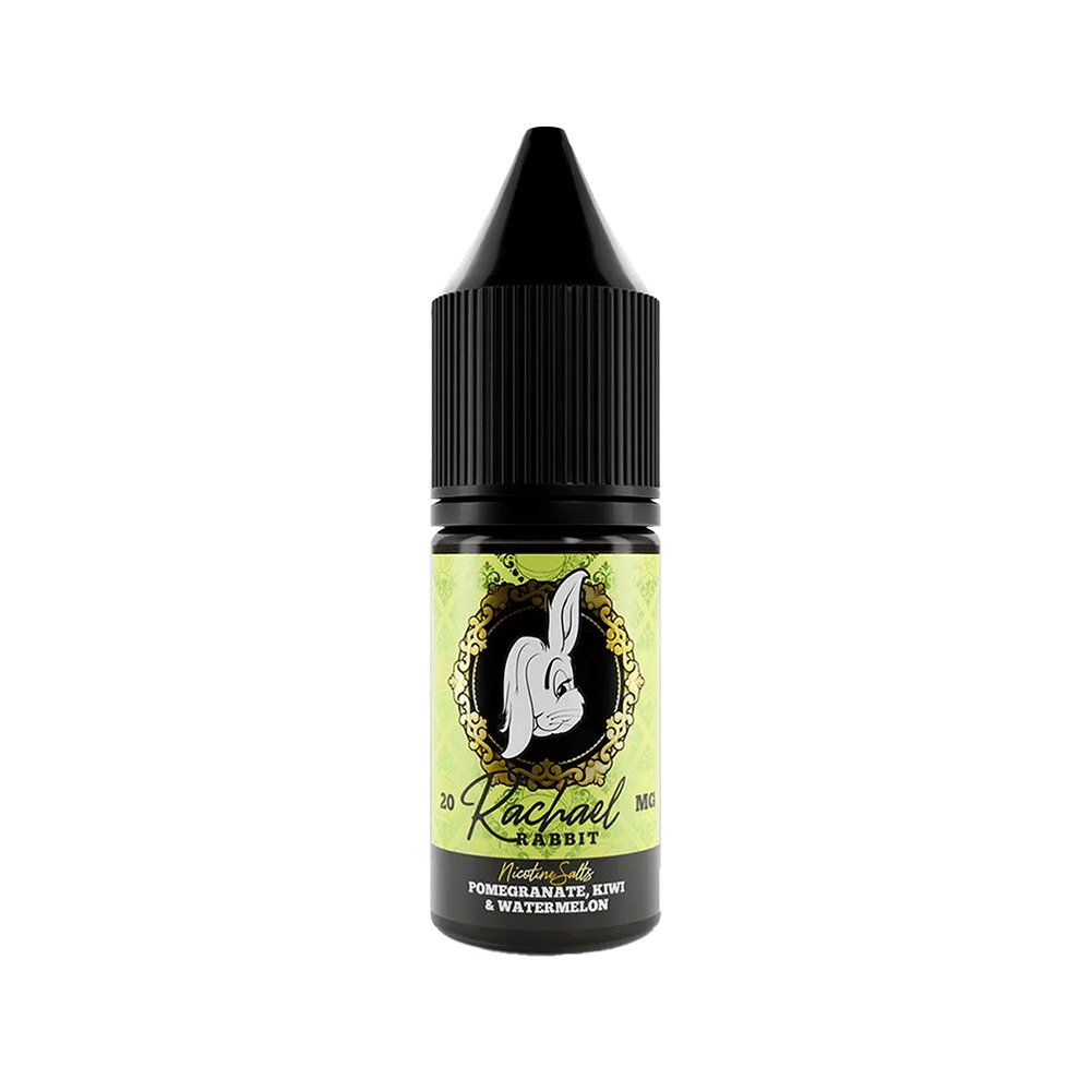 Rachael Rabbit 10ml vape juice bottle with pomegranate, kiwi, and watermelon flavours.