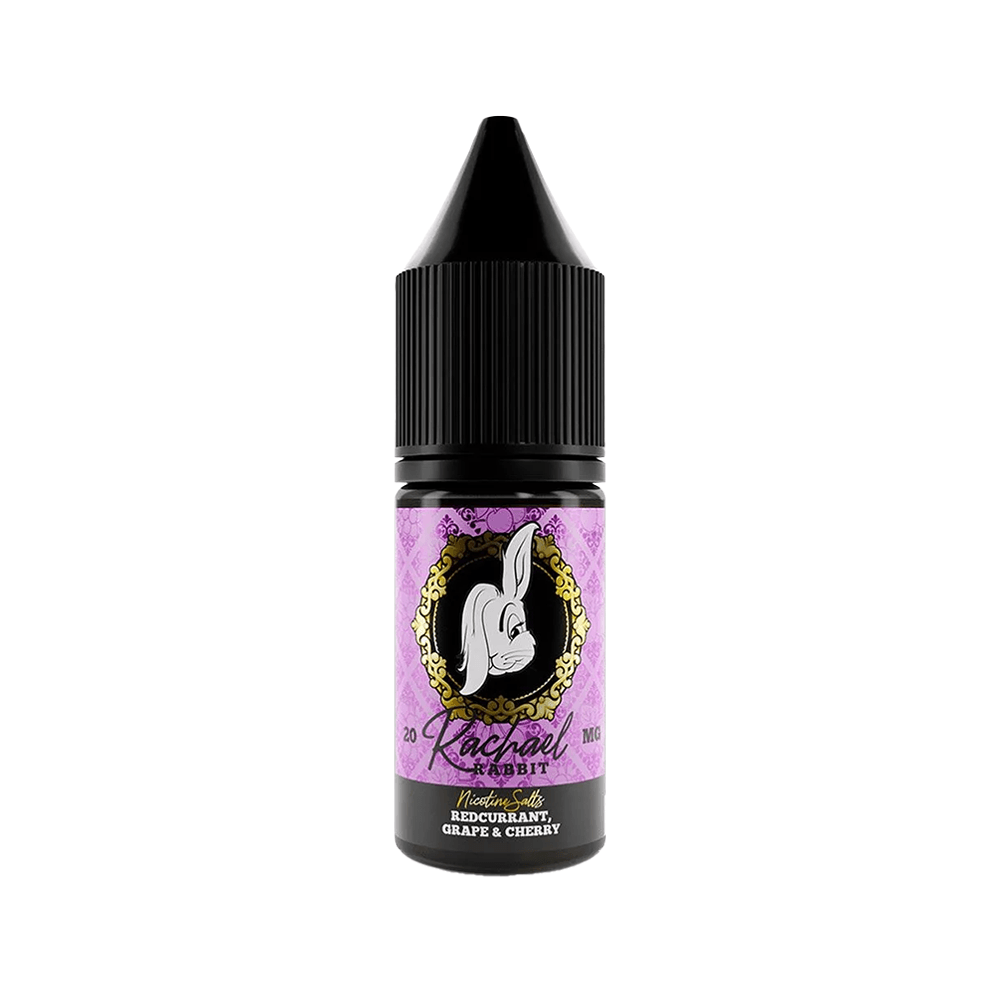 Rachael Rabbit e-liquid bottle, blackcurrant grape cherry flavour, 10ml size, purple label.