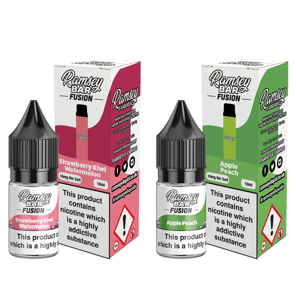 Ramsey Bar Fusion vape juices: Strawberry Kiwi Watermelon and Apple Peach flavours.