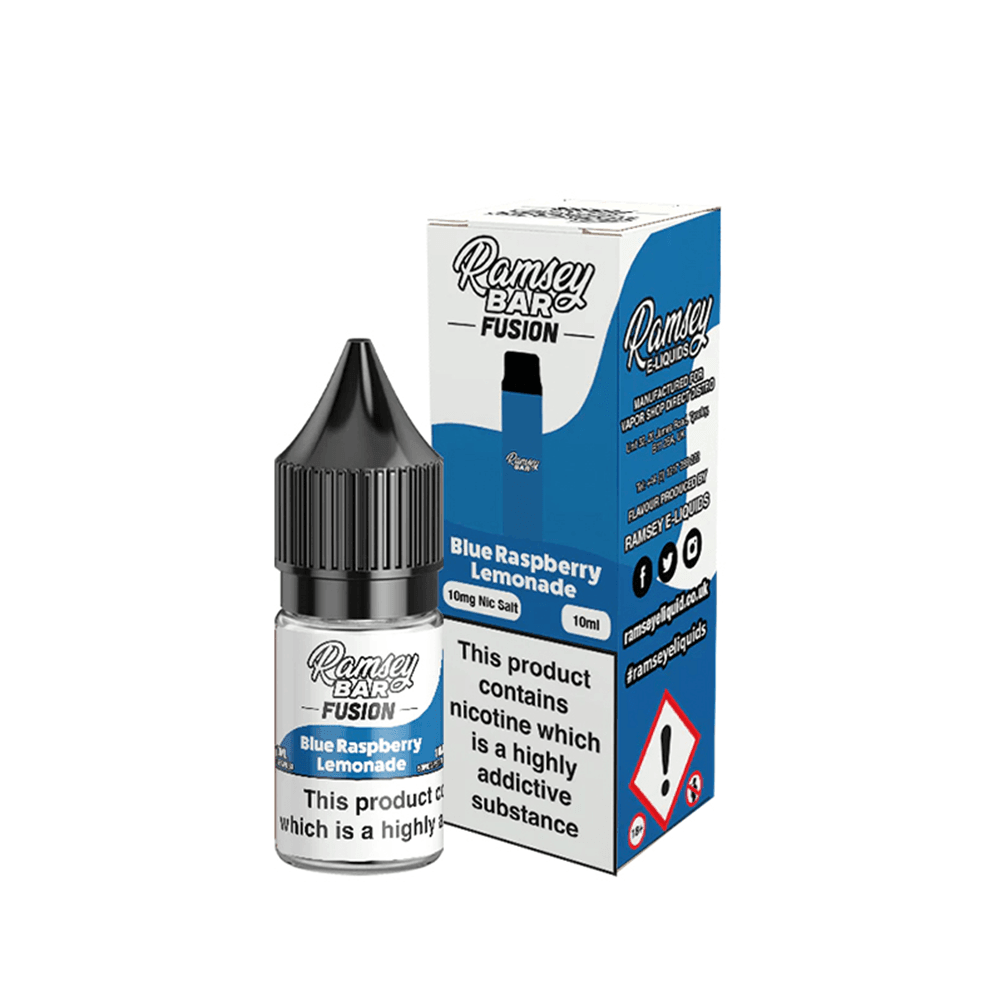 Ramsey Bar Fusion Blue Raspberry Lemonade 10ml vape juice bottle and box packaging.