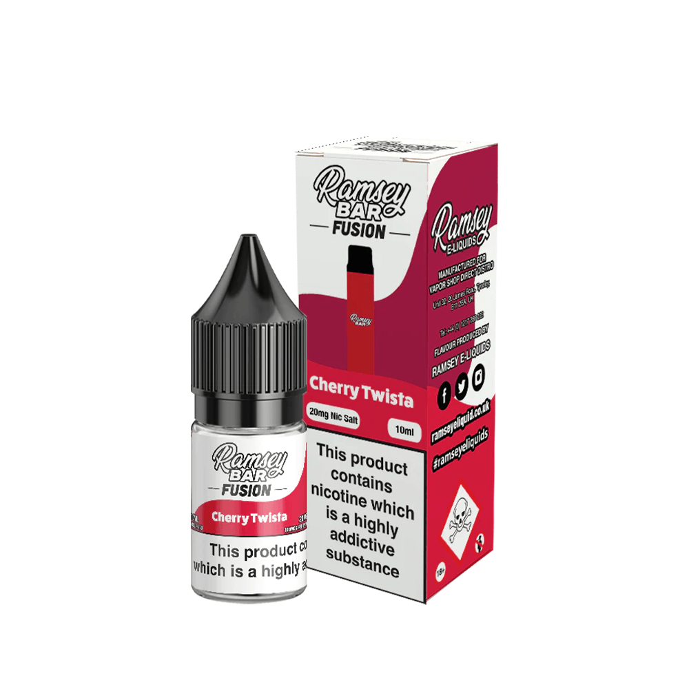 Ramsey Bar Fusion Cherry Twista 10ml nicotine salt e-liquid bottle and box.