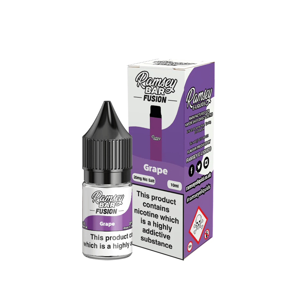 Ramsey Bar Fusion grape vape juice, 10ml bottle with box, 20mg nicotine salt.