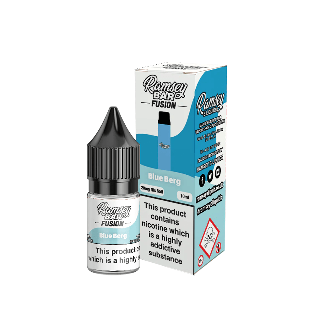 Ramsey Bar Fusion Blue Berg 10ml nicotine salt e-liquid bottle and box.