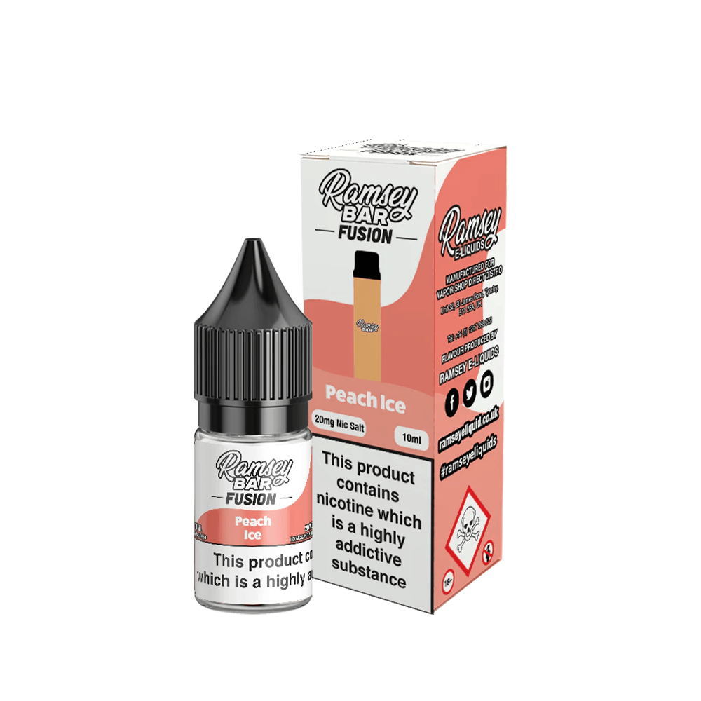 Ramsey Bar Fusion Peach Ice 10ml e-liquid bottle and box.