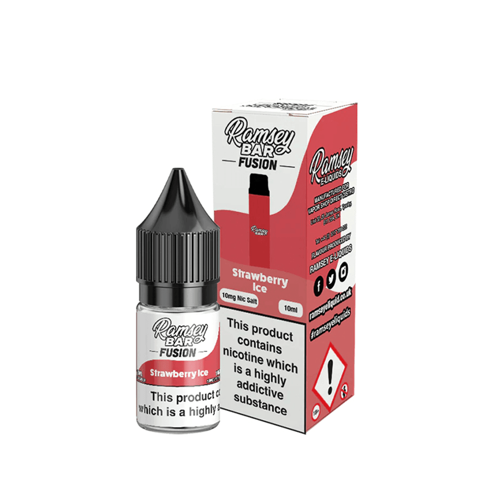 Ramsey Bar Fusion Strawberry Ice 10ml Nic Salt e-liquid bottle and box packaging.