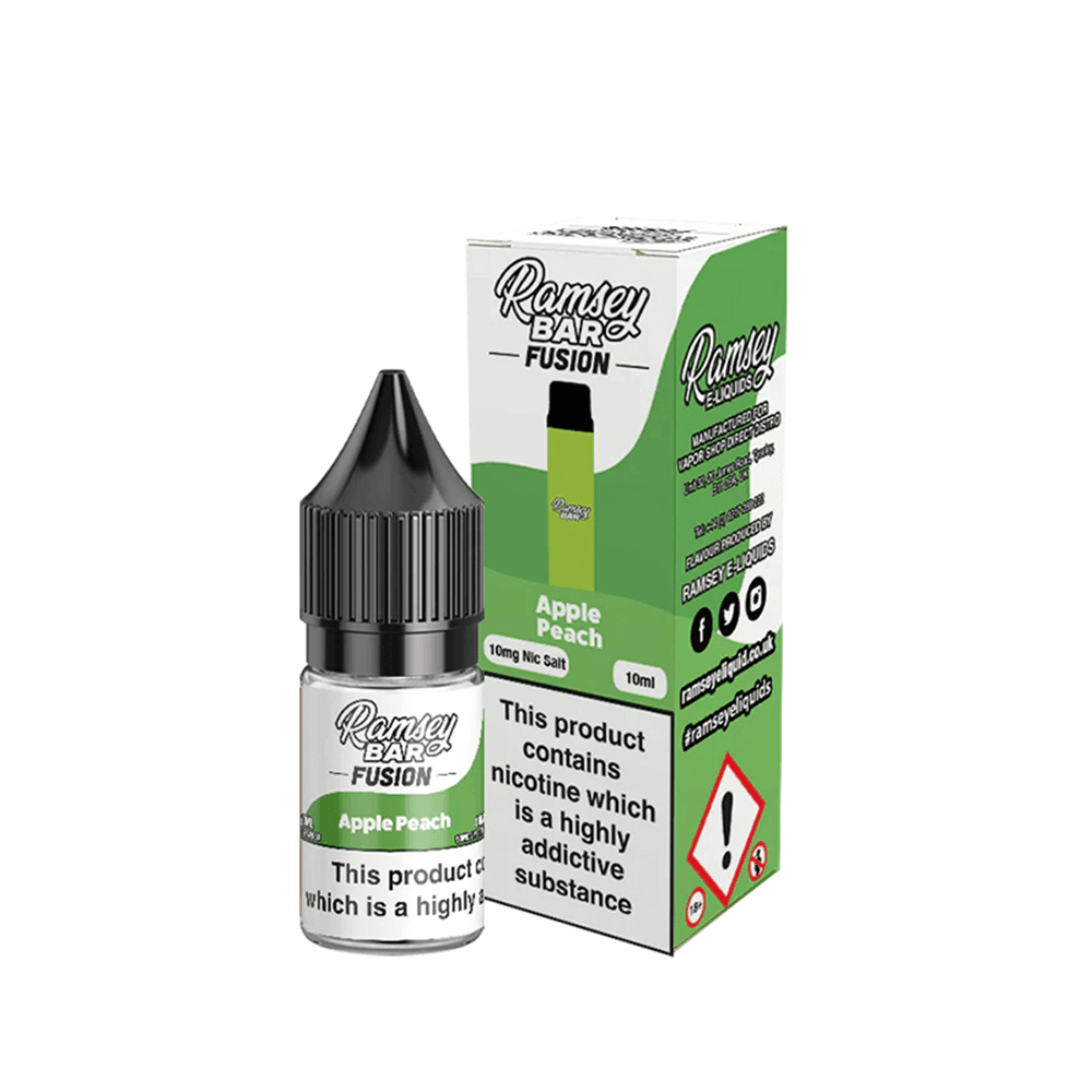 Ramsey Bar Fusion Apple Peach 10ml nicotine salt e-liquid with packaging.