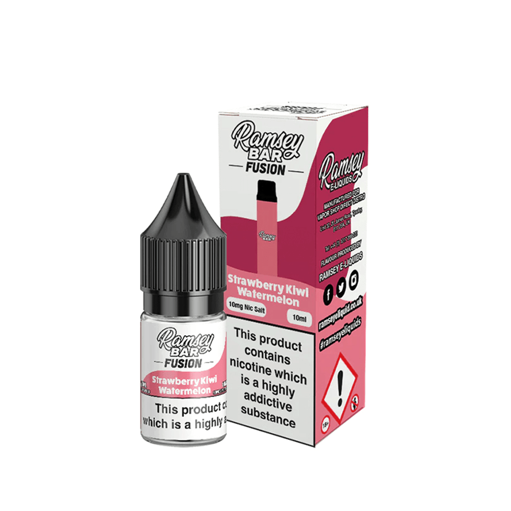 Ramsey Bar Fusion 10ml vape juice, Strawberry Kiwi Watermelon flavour, with packaging.