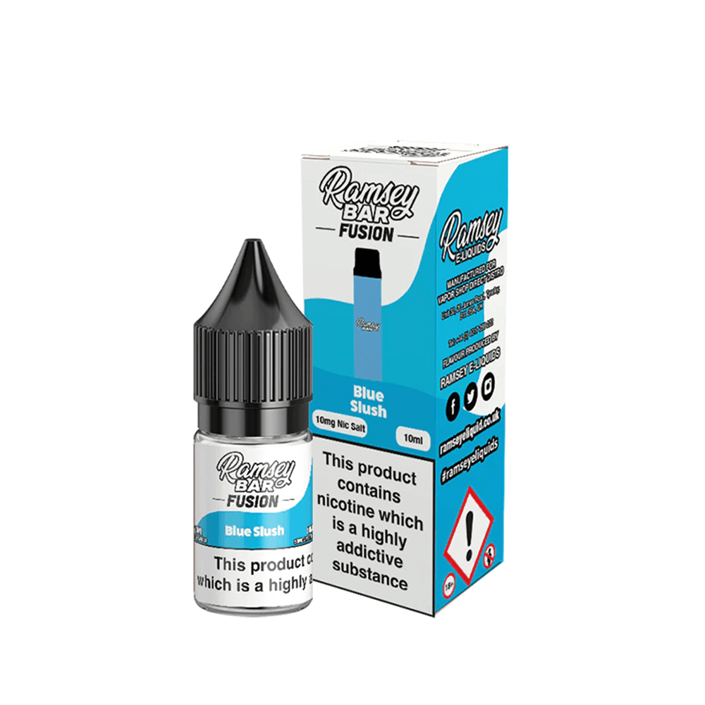 Ramsey Bar Fusion Blue Slush e-liquid bottle and box, 10ml, 10mg nicotine salt.