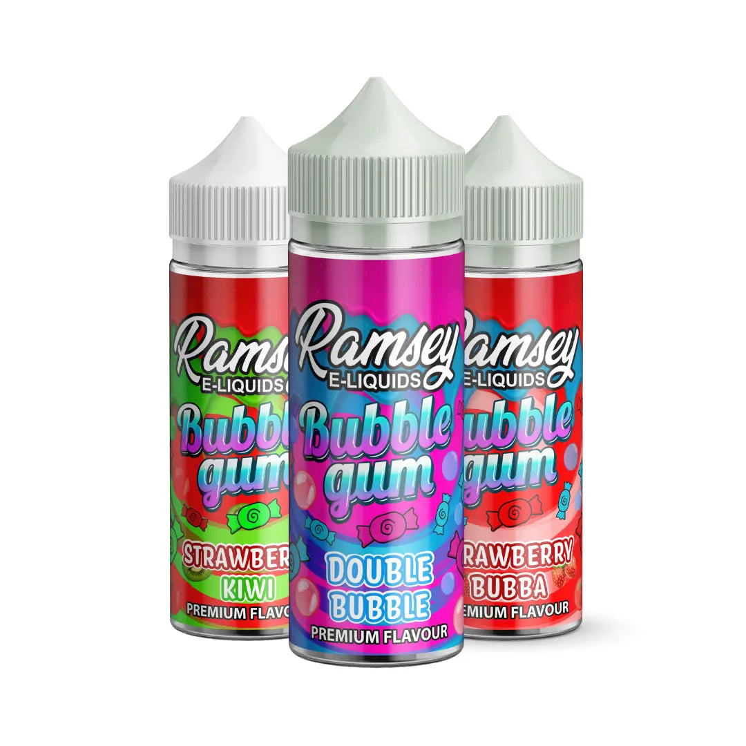 Ramsey Bubblegum 100ml Shortfill E-Liquids featuring vibrant flavours like Double Bubble, Strawberry Kiwi, and Strawberry Bubba in colourful bottles.