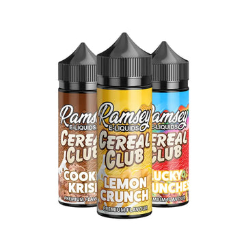 Ramsey Cereal Club 100ml Shortfill E-Liquid - a trio of cereal-inspired flavours including Lemon Crunch, Cookie Krisp, and Lucky Crunches in colourful bottles.