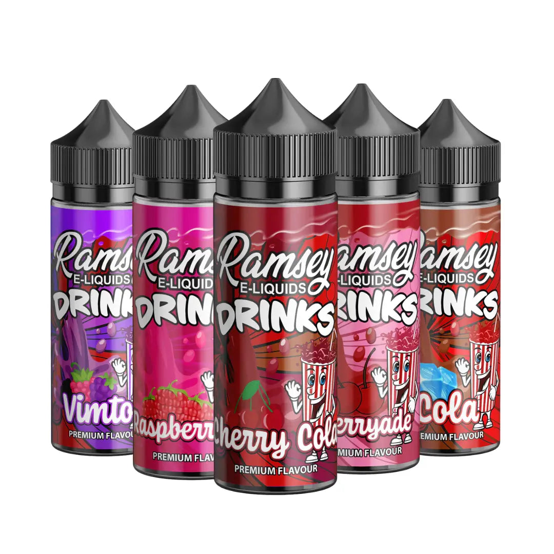 Ramsey Drinks 100ml Shortfill E-Liquids - a vibrant range of beverage-inspired vape juices with flavours like Vimto, Raspberry, Cherry Cola, Cherryade, and Classic Cola.