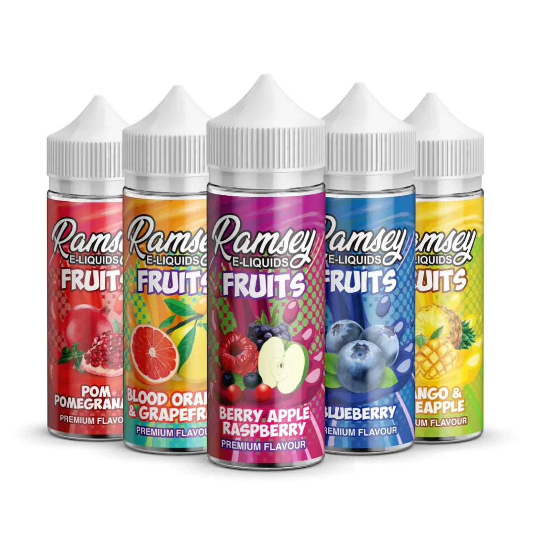 Ramsey Fruits 100ml Shortfill E-Liquid Collection - a vibrant range of premium fruit-inspired vape juices including Mango & Pineapple, Pom Pomegranate, and more.