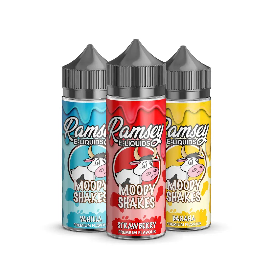 Ramsey Moody Shakes 100ml Shortfill E-Liquids - a creamy collection featuring Vanilla, Strawberry, and Banana milkshake-inspired premium flavours.