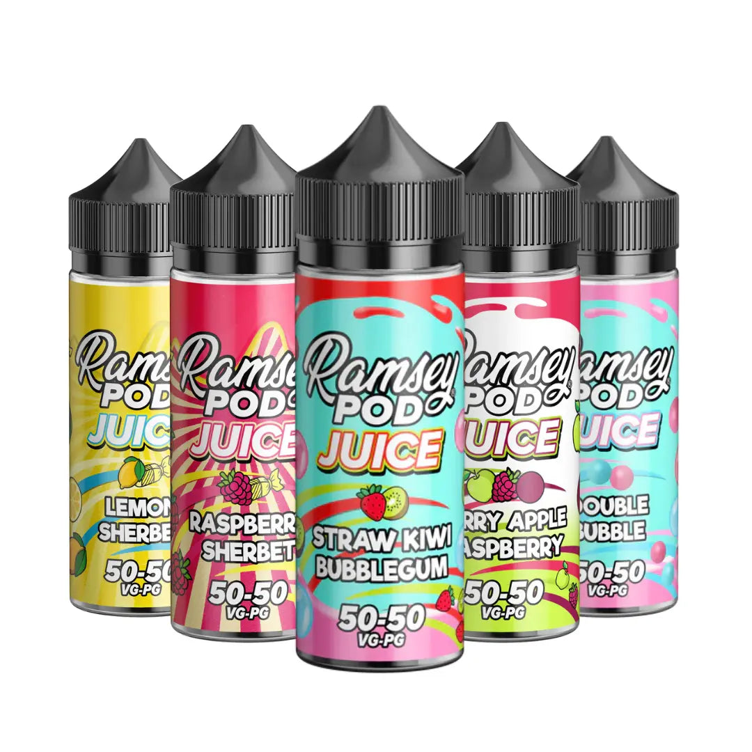 Ramsey Pod Juice 50/50 100ml Shortfill E-Liquid - a vibrant collection of fruity and sweet flavours, designed for an optimal vaping experience.