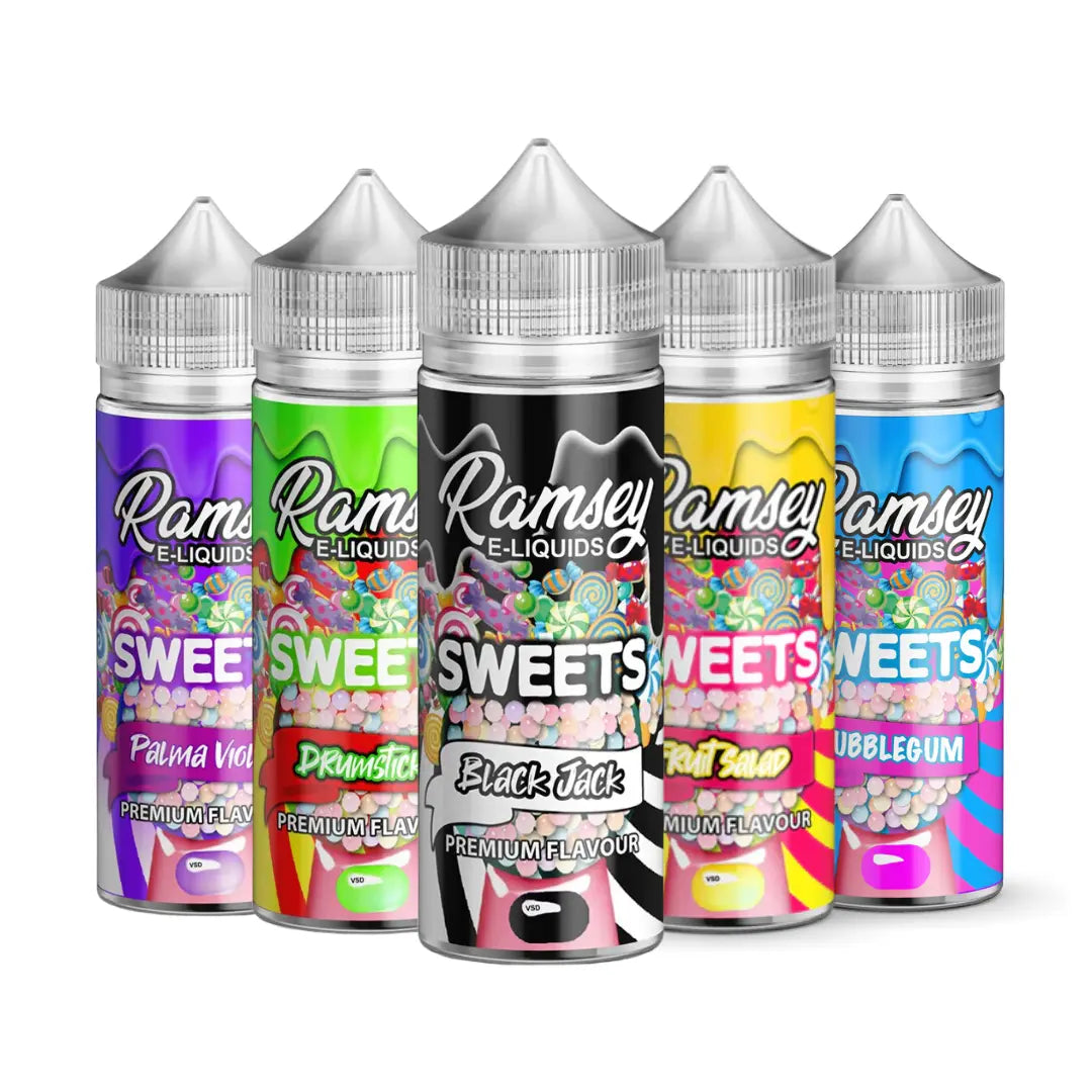 Ramsey Sweets 100ml Shortfill E-Liquid range featuring flavours like Blackjack, Drumstick, Fruit Salad, Palma Violet, and Bubblegum for a nostalgic candy-inspired vape.