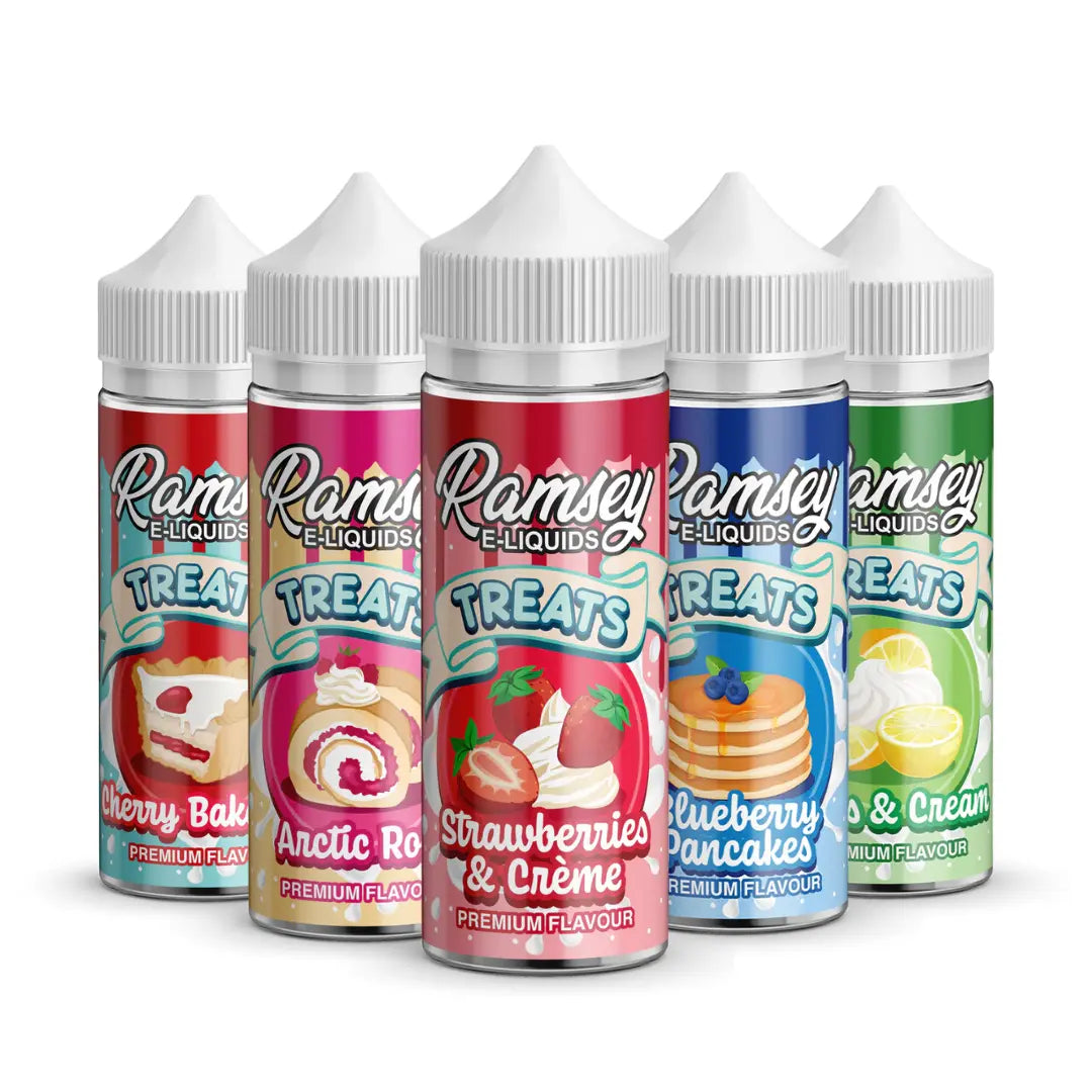 Ramsey Treats 100ml Shortfill E-Liquid collection, featuring indulgent dessert-inspired flavours like Cherry Bakewell, Arctic Roll, Strawberries & Crème, Blueberry Pancakes, and Citrus & Cream in premium vape bottles.