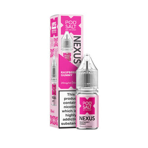 Raspberry Gummy Flavour Nexus Nic Salt by Pod Salt on a whit background
