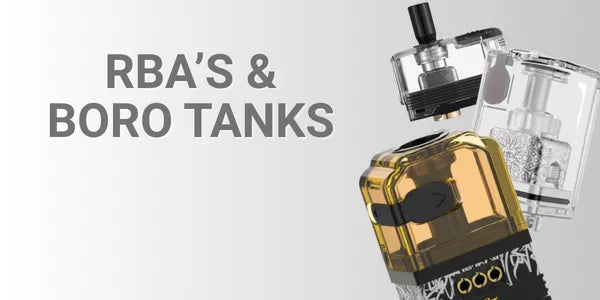 A collection of RBA bridge systems and Boro tanks for AIO devices, including a clear engraved Boro tank and an amber-tinted tank.