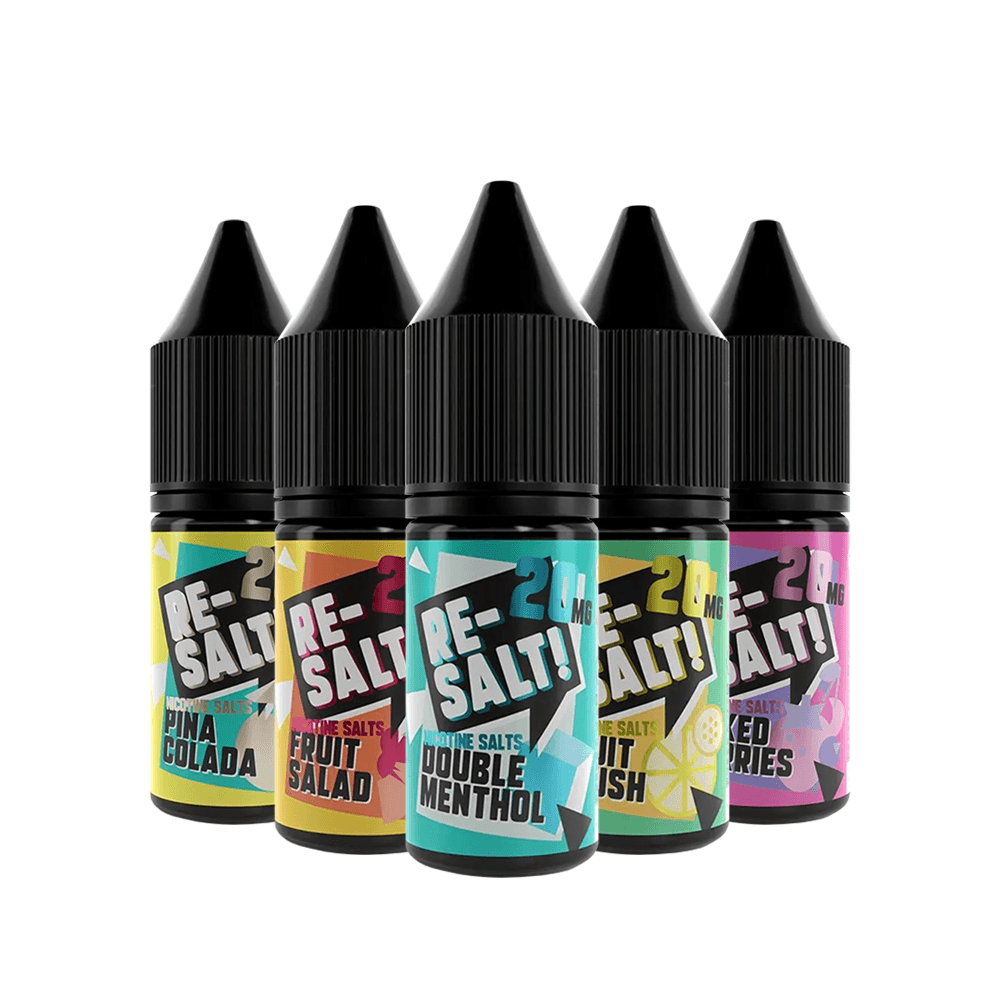 Five Re-Salt vape juice bottles with flavours: Pina Colada, Fruit Salad, Double Menthol, Fruit Crush, Berries.