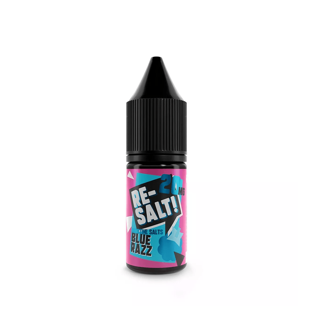 Bottle of Re-Salt Blue Razz vape juice with a black cap and colourful label.