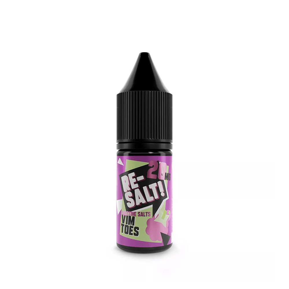 Vimtoes Re-Salt 20mg e-liquid bottle with a purple label and black cap.