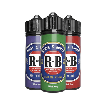 Three Rebel X Bogan e-liquid bottles with vibrant labels.