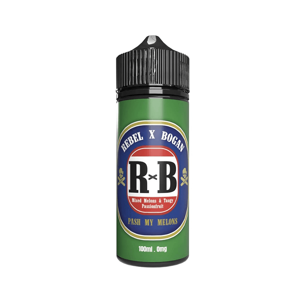 Green vape juice bottle with Rebel X Bogan label, 100ml, 0mg nicotine.