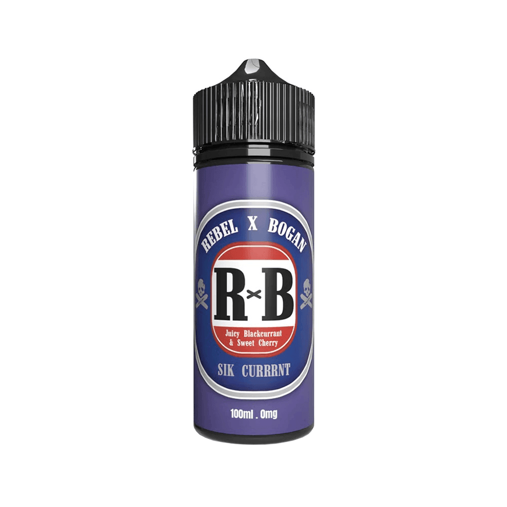 Rebel X Bogan vape juice bottle, purple label, 100ml, 0mg nicotine.