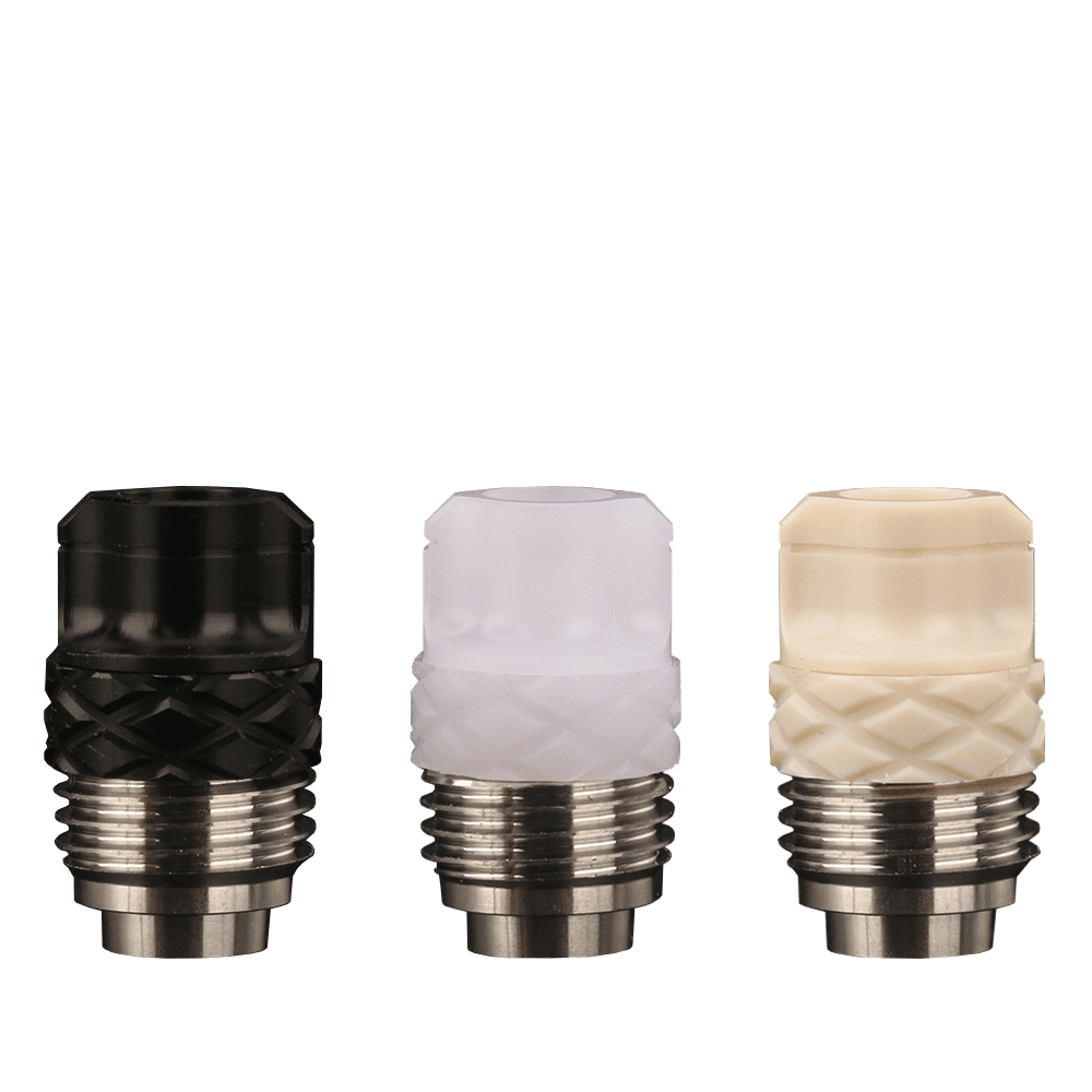 Three vape drip tips in black, white, and cream with textured designs on a white background.