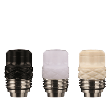 Three vape drip tips in black, white, and cream with textured designs on a white background.