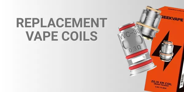 Replacement Vape Coils with VVC Coils, Geekvape and a box displayed.