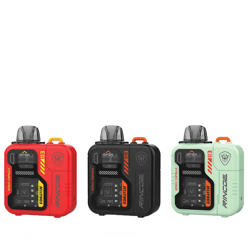 Three Rincoe Jellybox Nano III pod kits in red, black, and mint green on a white background.