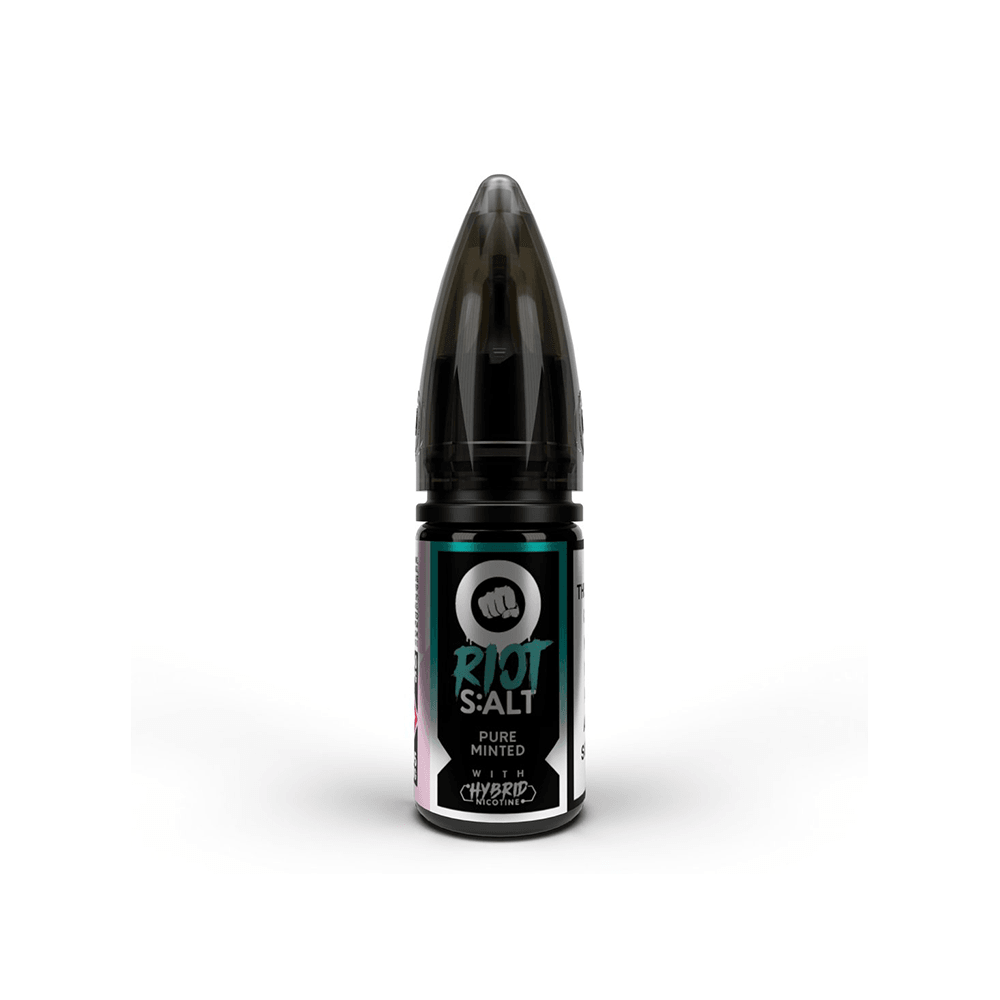 Riot Squad 10ml vape juice bottle with black cap and "Pure Minted" label.