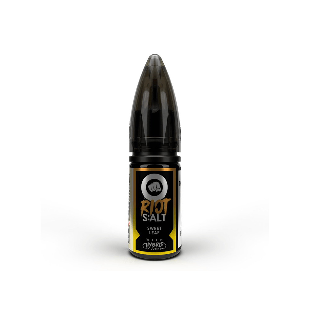 Riot Squad S:ALT vape juice bottle, Sweet Leaf flavour, with a black and gold label.