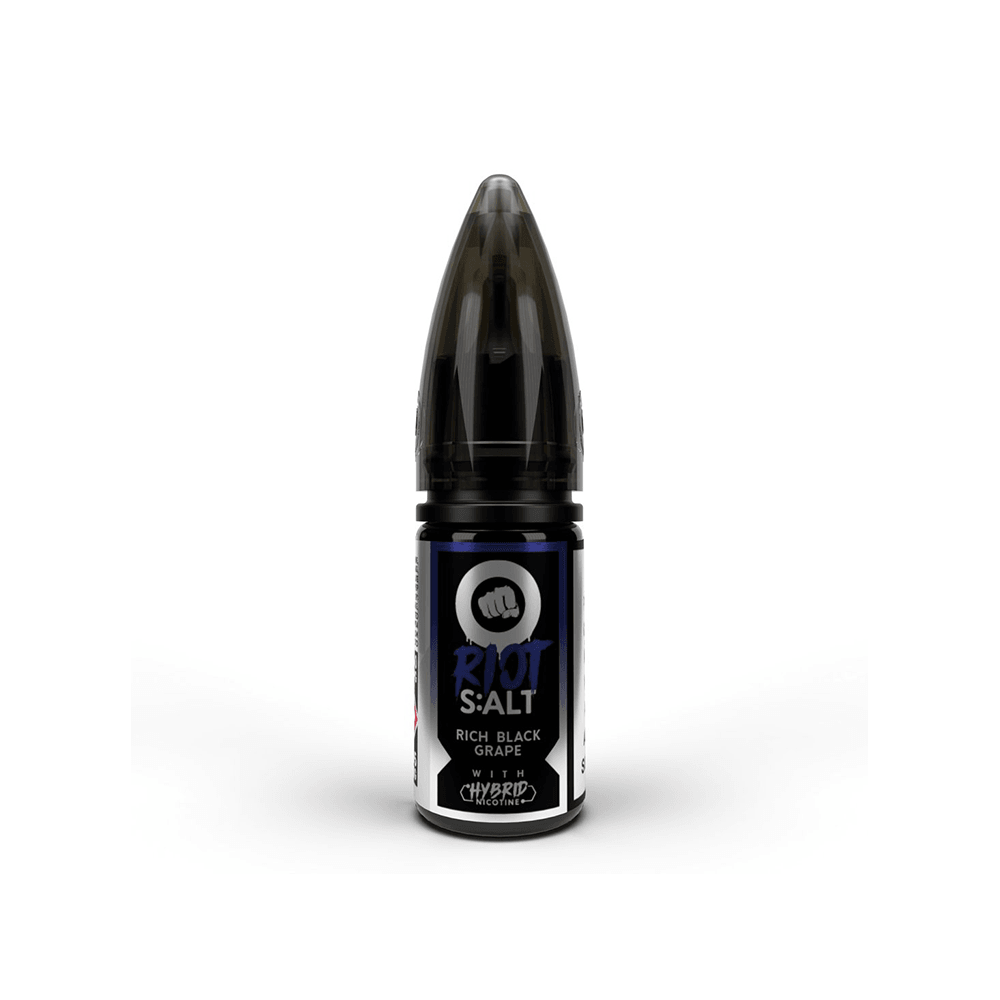 Riot Squad vape juice bottle with black cap and "Rich Black Grape" label.