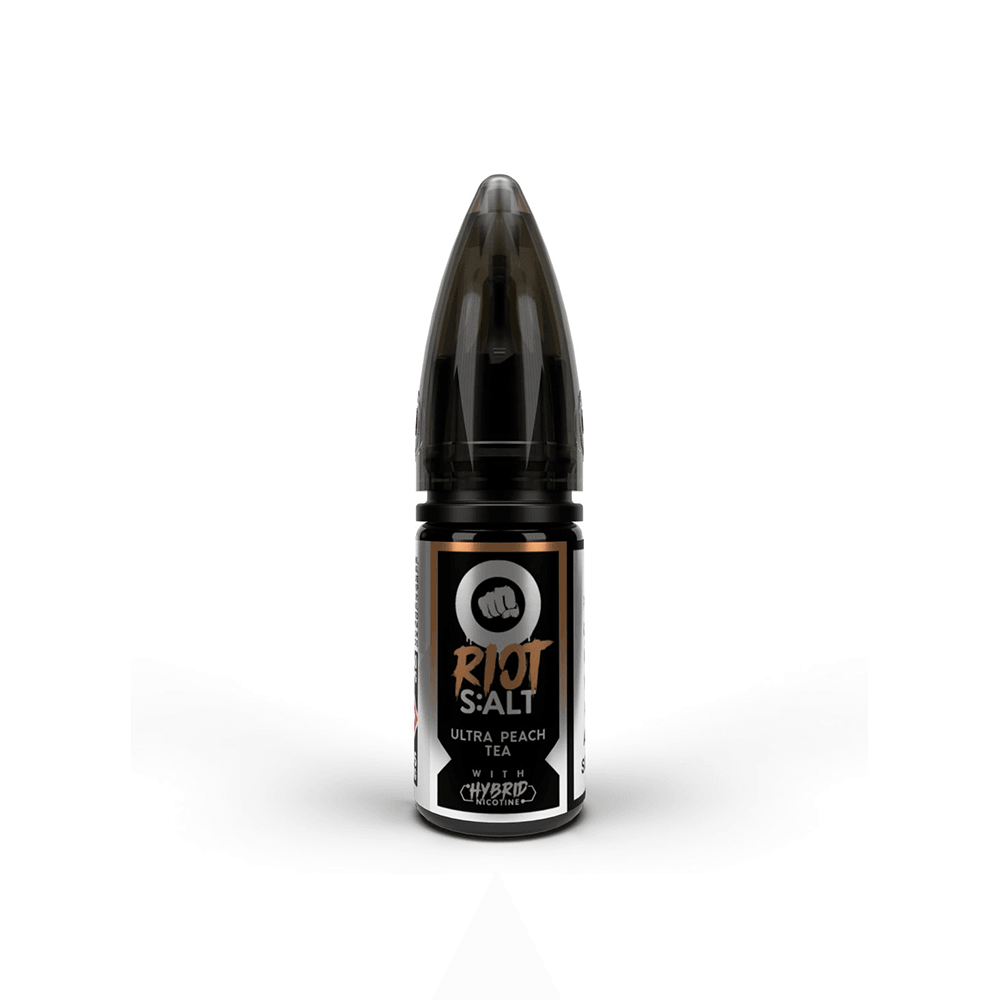 Riot S:ALT Ultra Peach Tea vape bottle with black cap on white background.