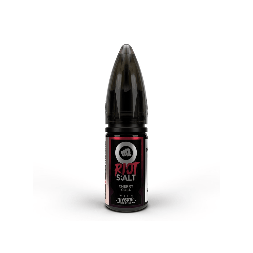 Riot Squad Cherry Cola vape juice bottle with black cap, red label, and white logo.