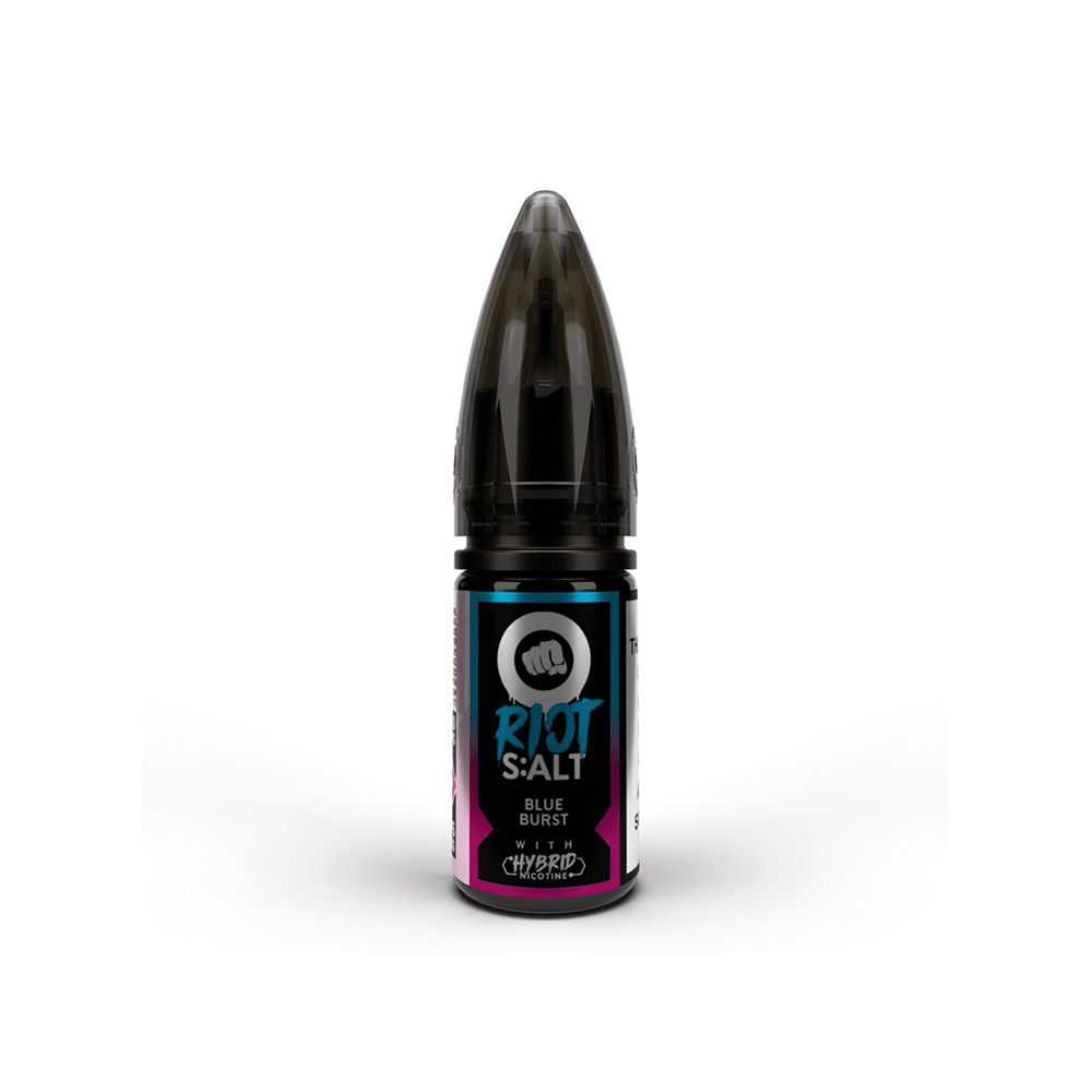 Riot Squad blue e-liquid bottle with black cap and vibrant pink-blue label.