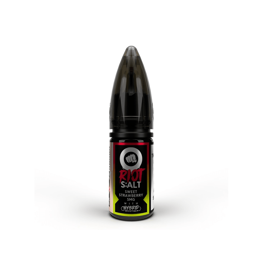 Riot Squad vape juice bottle, Sweet Strawberry flavour, black cap, white background.