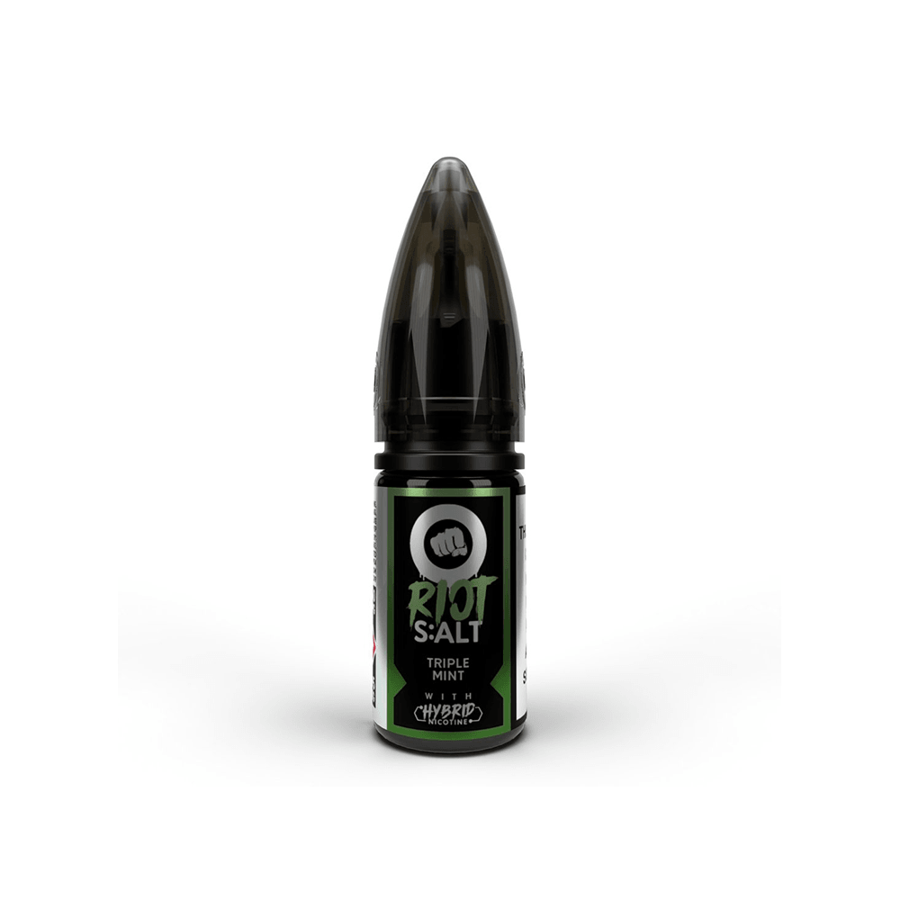 Riot Squad Salt e-liquid bottle with a black cap and green label, featuring "Triple Mint" flavour.