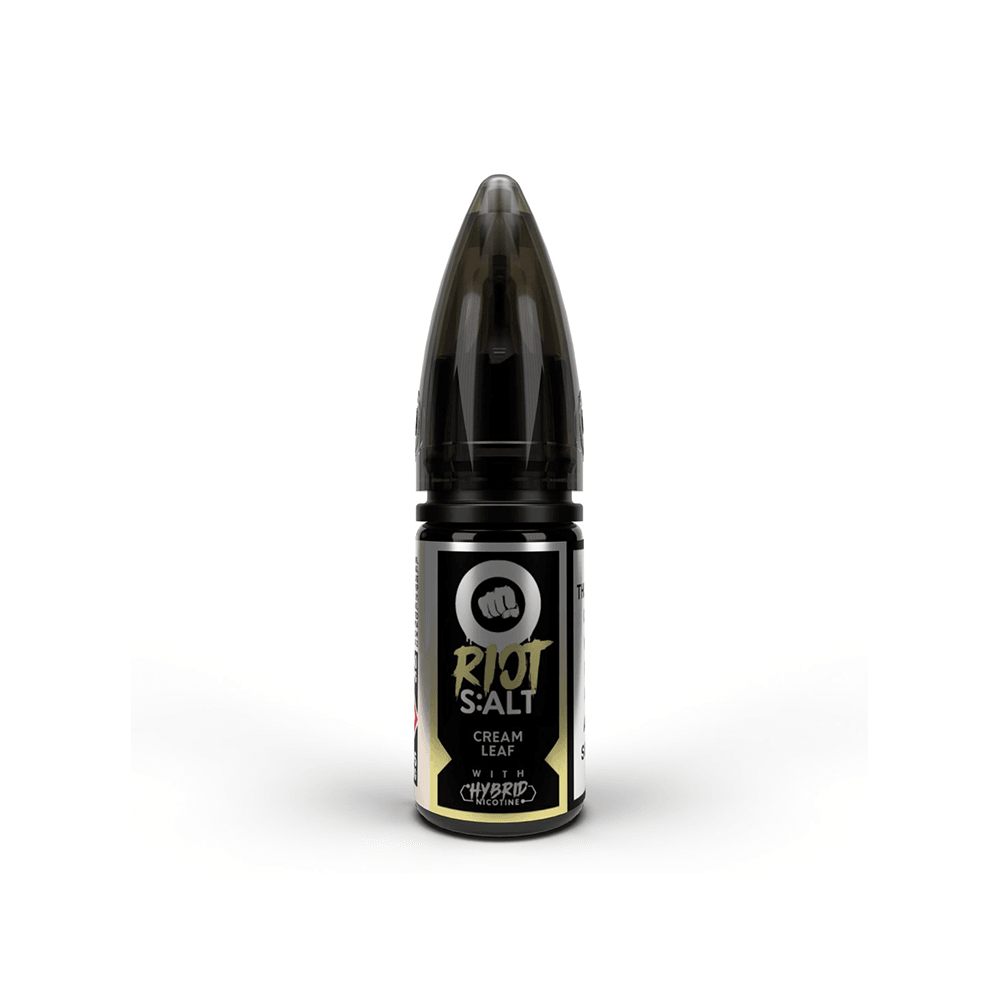 Riot Squad S:ALT vape bottle with dark cap and cream leaf label design.