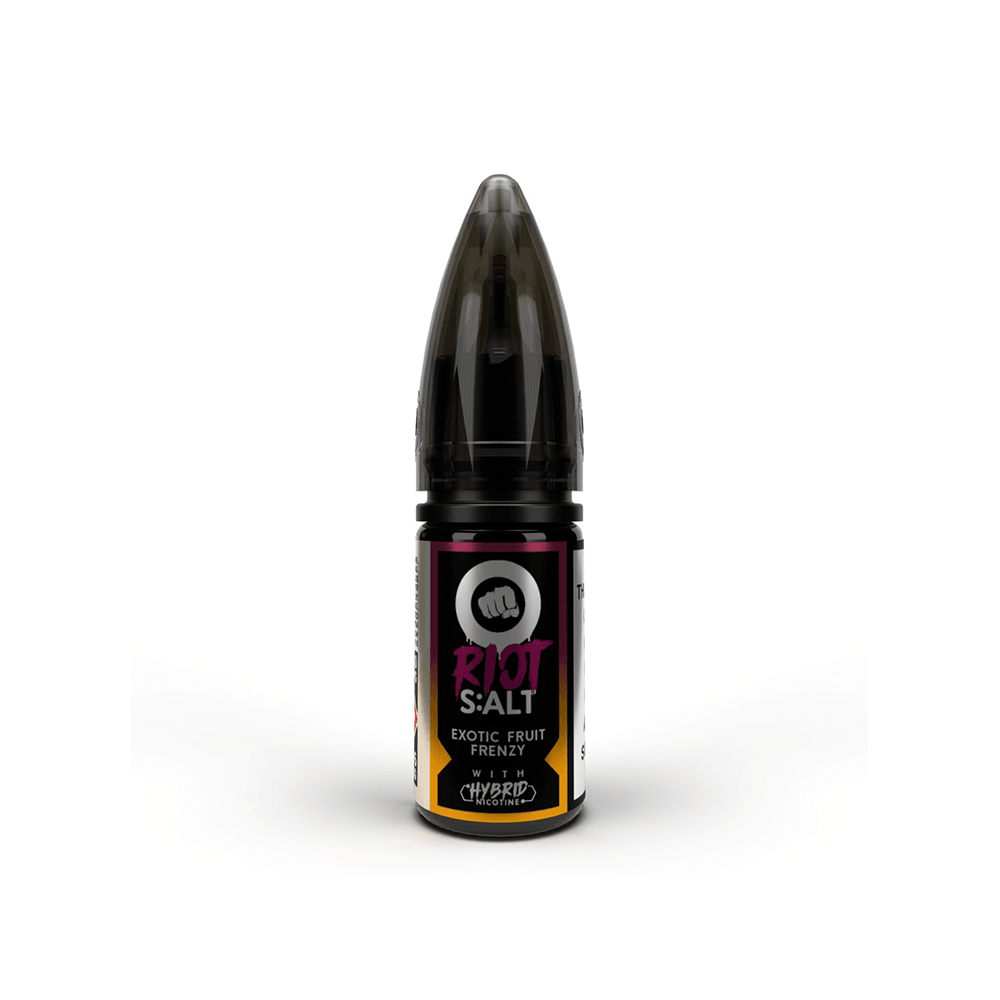 Riot S:ALT vape juice bottle, black cap, labelled "Exotic Fruit Frenzy."