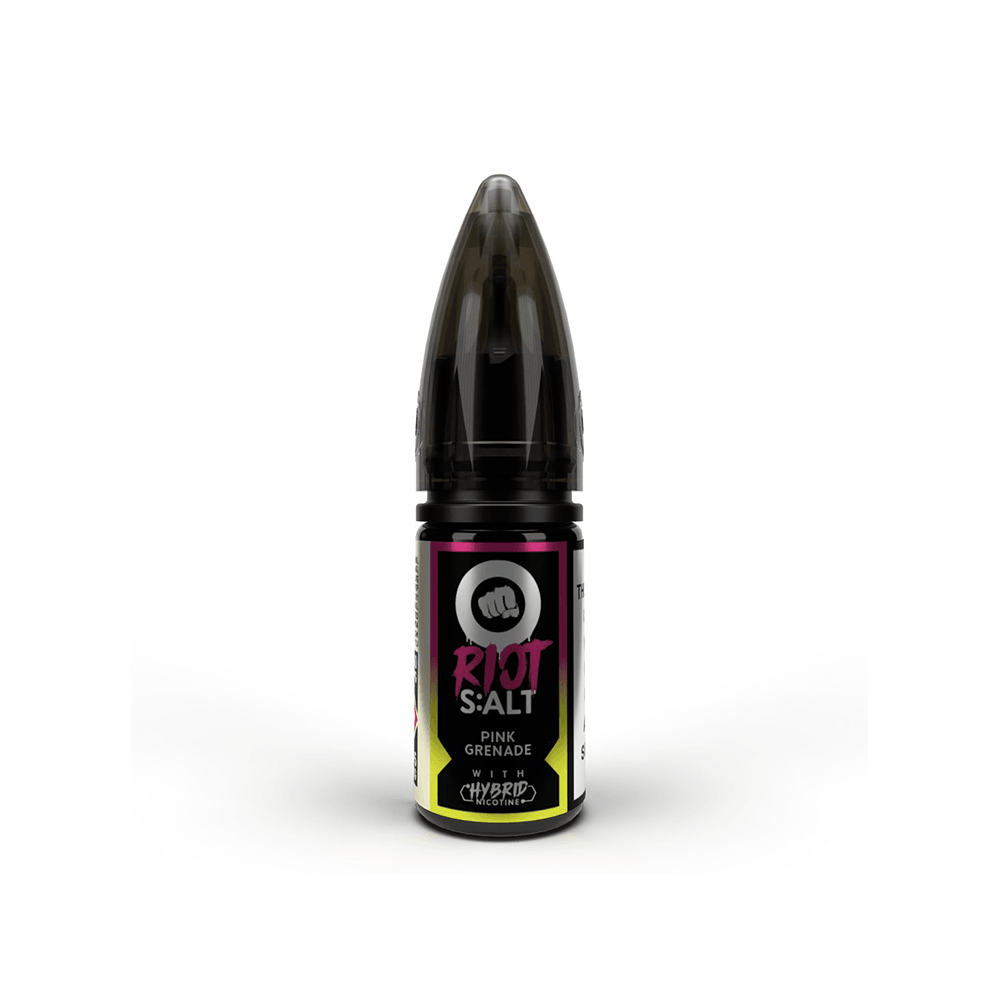 Riot Squad S:ALT vape juice bottle, pink grenade flavour, black cap, white background.