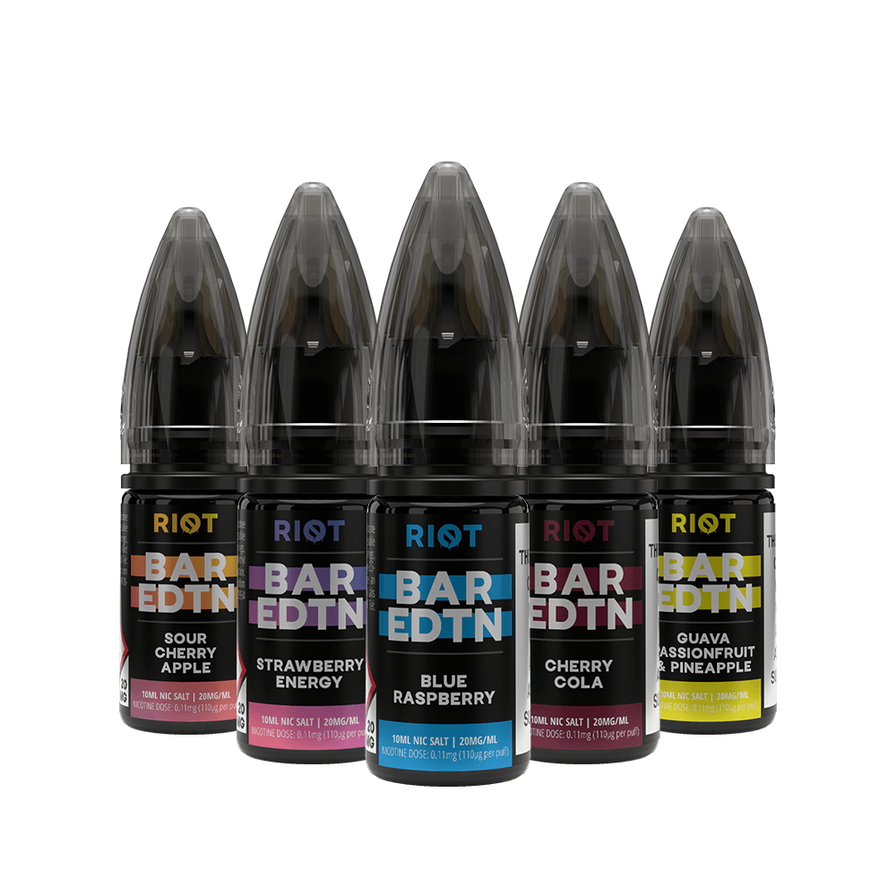 Riot Squad Bar Edition 10ml vape juice bottles in various flavours, including Sour Cherry Apple.