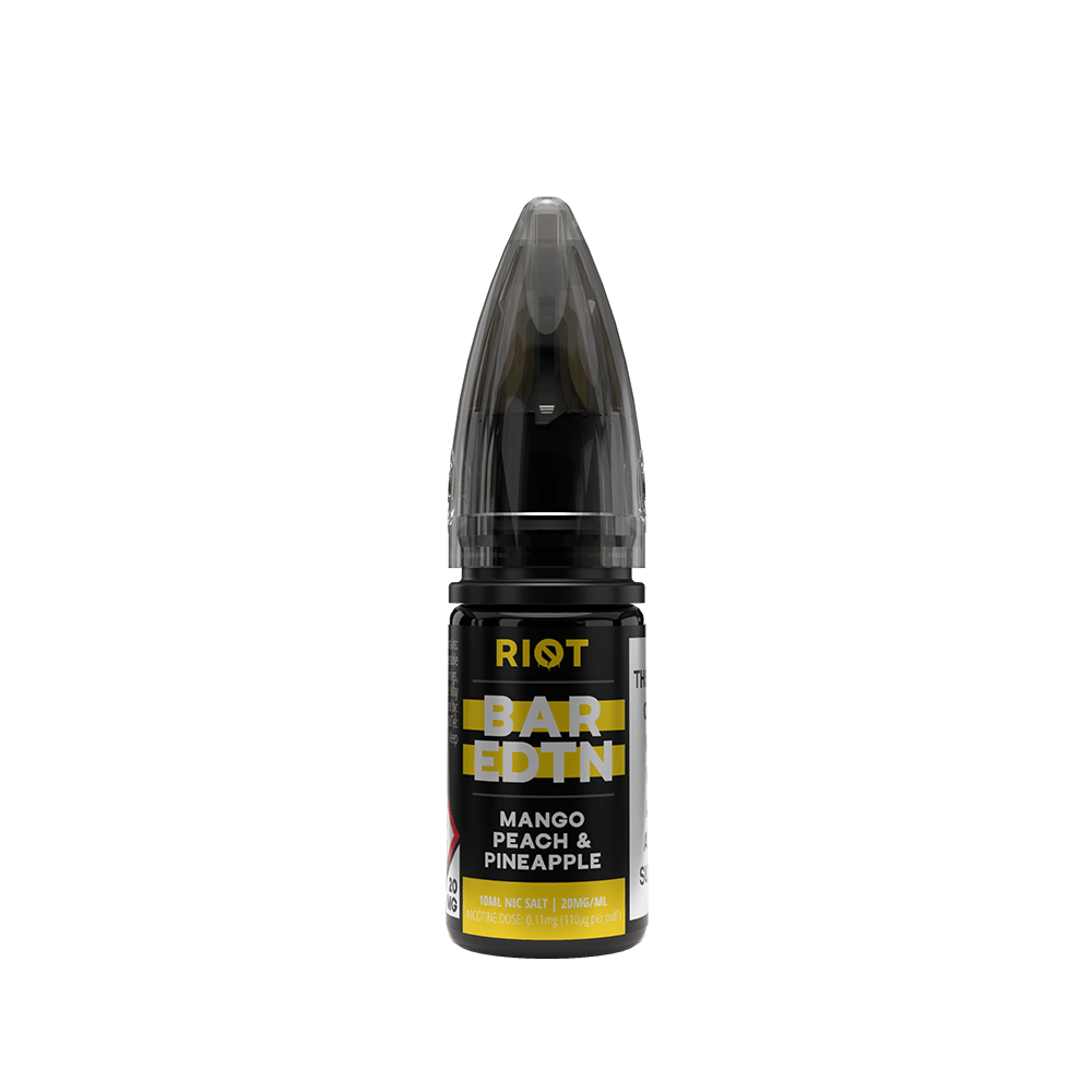 Riot Squad Bar Edition 10ml e-liquid bottle with mango, peach, and pineapple flavour.