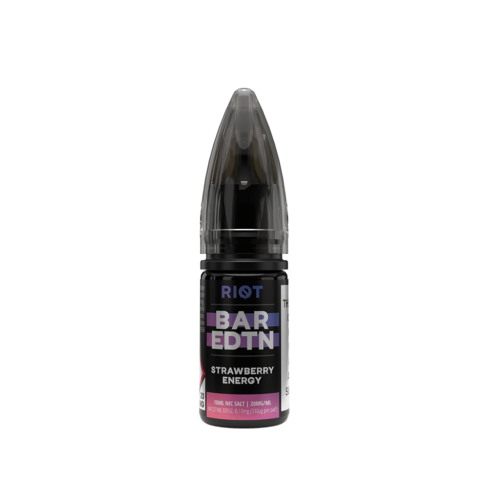 Riot Squad Bar Edition 10ml vape juice, Strawberry Energy flavour, black bottle.