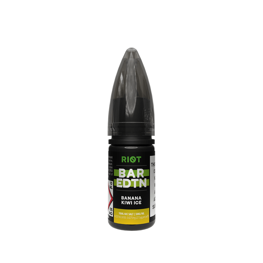 Riot Squad Bar Edition Banana Kiwi Ice 10ml vape juice bottle with a pointed cap.