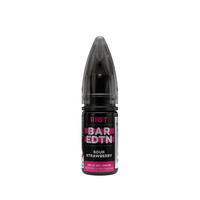 Riot Squad Bar Edition Sour Strawberry 10ml vape juice bottle with black and pink label.