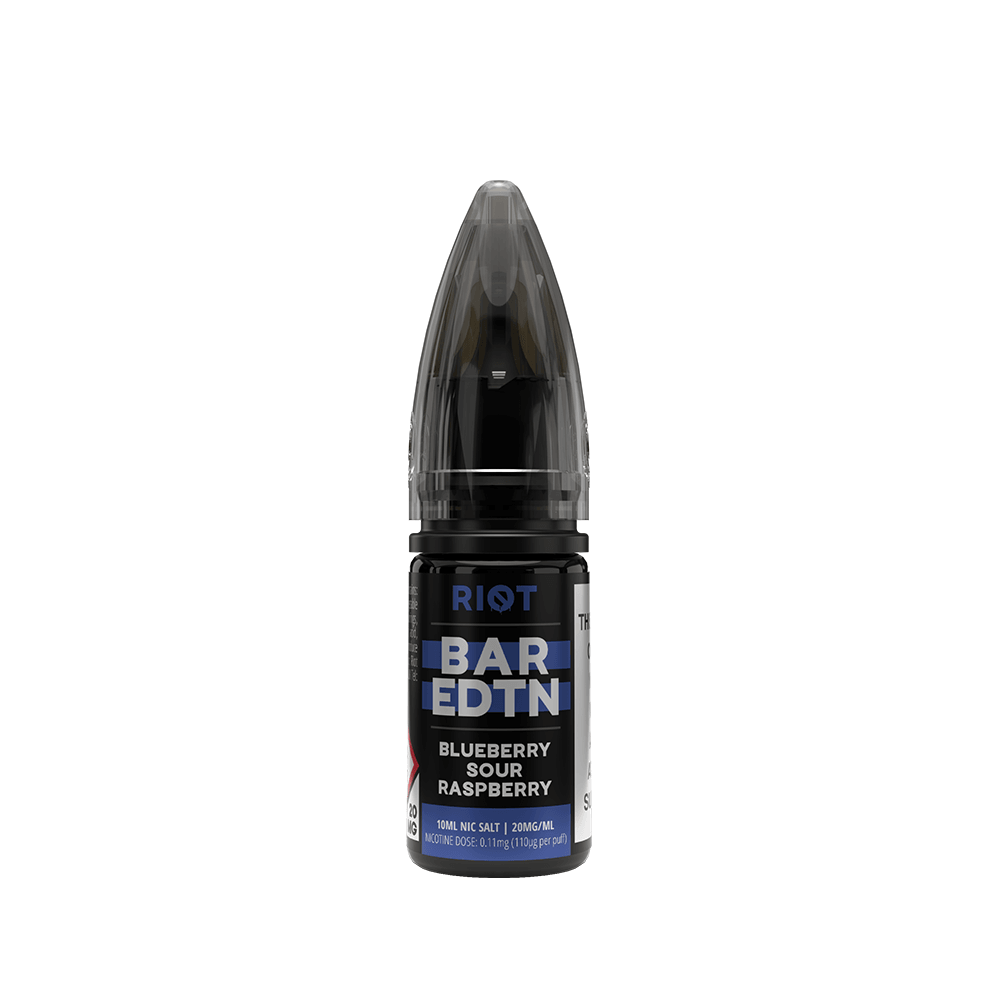 Riot Squad Bar Edition e-liquid, Blueberry Sour Raspberry, 10ml bottle.