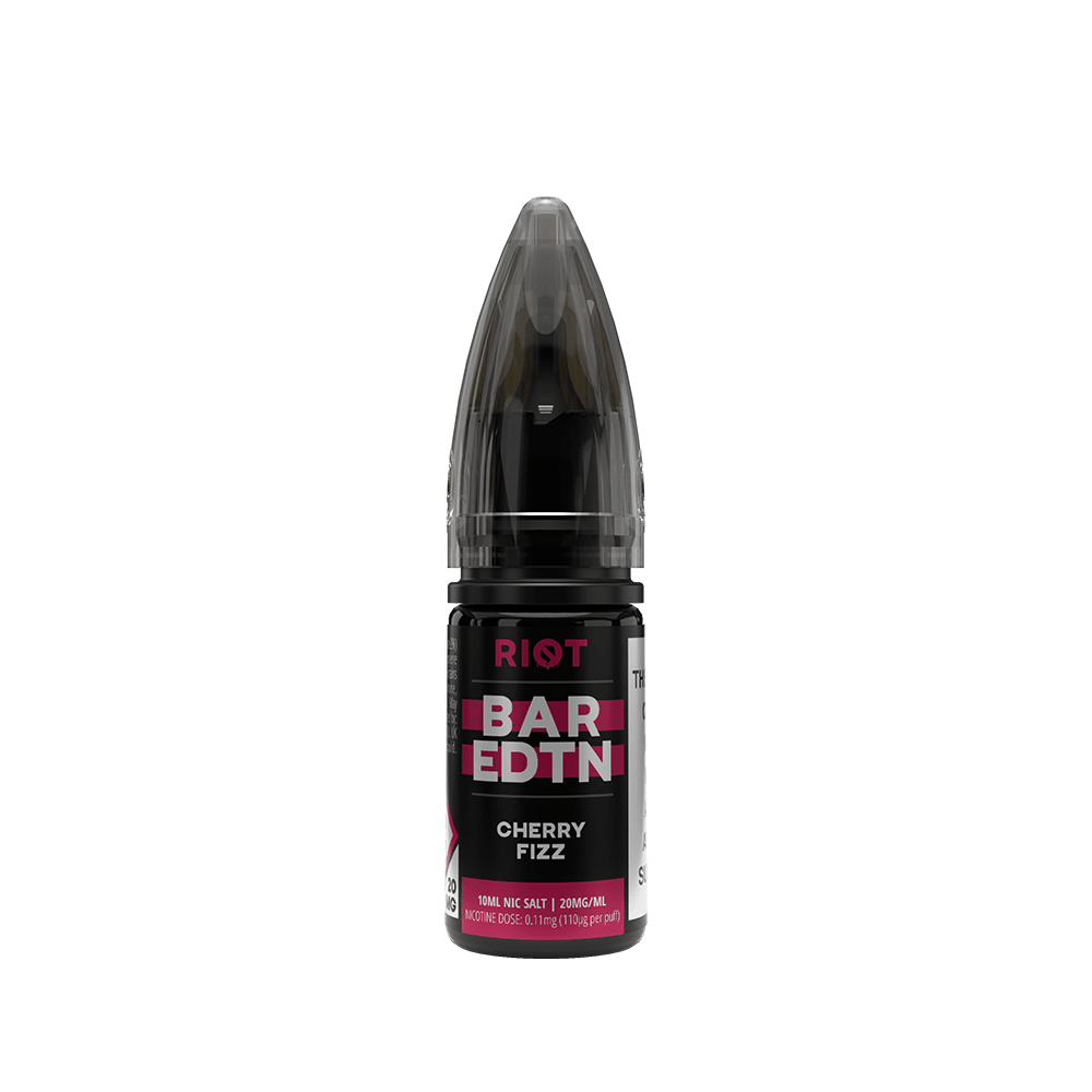 Riot Squad Bar Edition Cherry Fizz 10ml vape juice bottle with black and pink label.